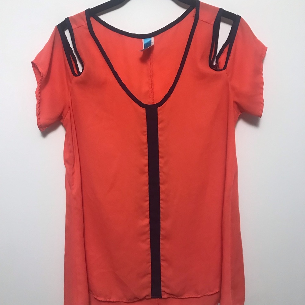 Coral and navy cold shoulder top